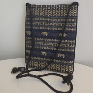 Elephant Navy and Gold Embroidered  Patterned Shoulder Bag